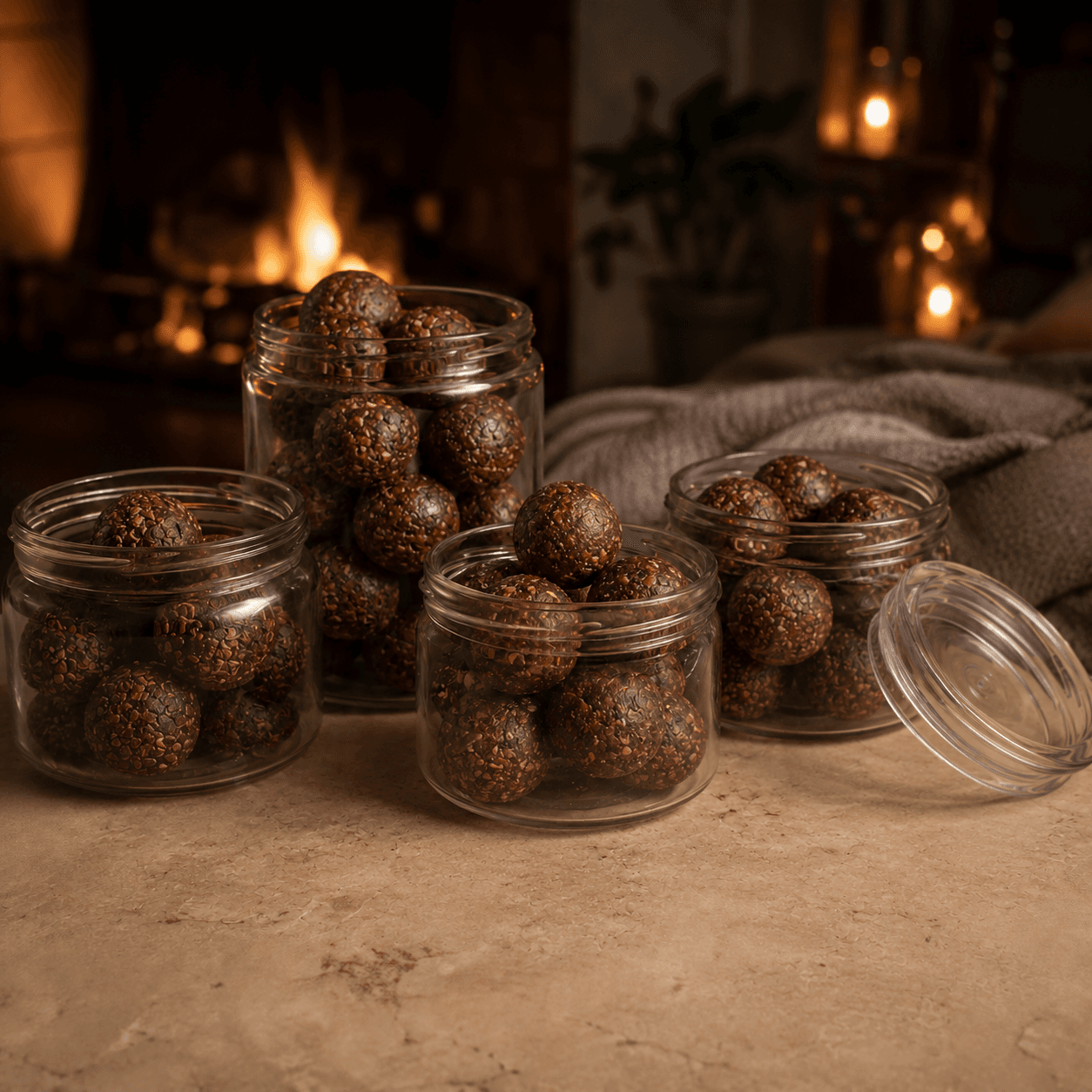 Bliss Balls in glass jars styled for a warm evening ritual.